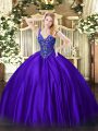 Purple Sleeveless Floor Length Beading Lace Up Sweet 16 Quinceanera Dress