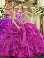 Stunning Fuchsia Organza Lace Up Quinceanera Dress Sleeveless Floor Length Beading and Appliques and Ruffles