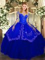 Free and Easy Royal Blue Lace Up Scoop Lace and Embroidery Quince Ball Gowns Organza and Taffeta Long Sleeves