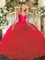 Customized Red Lace Up Scoop Lace and Ruffles 15th Birthday Dress Organza Sleeveless