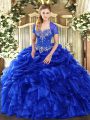 Royal Blue Sweetheart Neckline Beading and Ruffles and Pick Ups Quinceanera Dress Sleeveless Lace Up