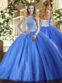 Nice High-neck Sleeveless 15th Birthday Dress Floor Length Beading Baby Blue Tulle