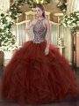 Stylish Rust Red Sleeveless Organza Lace Up Quince Ball Gowns for Sweet 16 and Quinceanera