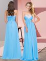 Dynamic Sleeveless Floor Length Ruching Lace Up Dress for Prom with Aqua Blue