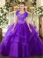 Beautiful Purple Ball Gowns Beading and Ruffles Vestidos de Quinceanera Clasp Handle Tulle Sleeveless Floor Length