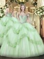 Spectacular Apple Green Ball Gowns Beading and Appliques Sweet 16 Dress Lace Up Tulle Sleeveless Floor Length