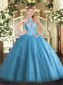 Latest Baby Blue Ball Gowns Halter Top Sleeveless Tulle Floor Length Lace Up Beading Vestidos de Quinceanera