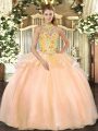 Cheap Sleeveless Organza Floor Length Lace Up Quinceanera Gown in Peach with Embroidery