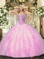 Fashion Rose Pink Lace Up Sweetheart Beading and Ruffles Quinceanera Dresses Tulle Sleeveless