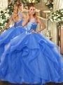 Fashion Sleeveless Floor Length Beading and Ruffles Lace Up Quinceanera Dress with Blue
