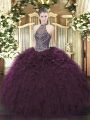 Floor Length Dark Purple Sweet 16 Quinceanera Dress Halter Top Sleeveless Lace Up