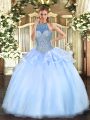 Dramatic Sleeveless Tulle Floor Length Lace Up Sweet 16 Dress in Blue with Beading
