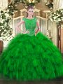 Customized Sleeveless Organza Floor Length Zipper Sweet 16 Dress in Green with Beading and Ruffles