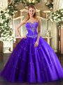 Shining Purple Tulle Lace Up 15th Birthday Dress Sleeveless Floor Length Beading