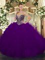 Tulle Sweetheart Sleeveless Lace Up Beading and Ruffles Sweet 16 Quinceanera Dress in Dark Purple