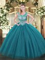Edgy Teal Scoop Neckline Beading Sweet 16 Quinceanera Dress with Jacket Sleeveless Lace Up