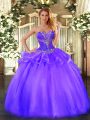 Elegant Purple Ball Gowns Beading Quinceanera Gowns Lace Up Tulle Sleeveless Floor Length