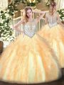 Floor Length Zipper Quinceanera Dresses Gold for Military Ball and Sweet 16 and Quinceanera with Beading and Ruffles