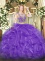 High End Eggplant Purple Two Pieces Organza Scoop Sleeveless Beading and Ruffles Floor Length Lace Up Sweet 16 Dresses