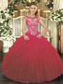 Artistic Floor Length Wine Red Vestidos de Quinceanera Scoop Cap Sleeves Lace Up