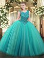 Spectacular Turquoise Zipper Ball Gown Prom Dress Beading Sleeveless Floor Length