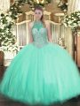 Sumptuous Halter Top Sleeveless Tulle 15th Birthday Dress Beading Lace Up