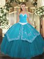 Fashion Teal Ball Gowns Organza and Taffeta Sweetheart Sleeveless Appliques and Embroidery Floor Length Lace Up 15 Quinceanera Dress