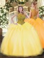 Gold Quince Ball Gowns Sweet 16 and Quinceanera with Beading and Appliques Scoop Cap Sleeves Zipper
