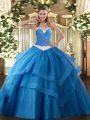 Baby Blue Lace Up Quinceanera Dresses Appliques and Ruffled Layers Sleeveless Floor Length