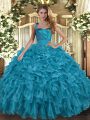 Floor Length Lace Up Quinceanera Gown Teal for Military Ball and Sweet 16 and Quinceanera with Ruffles