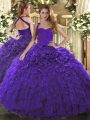 Purple Organza Lace Up Halter Top Sleeveless Floor Length Quinceanera Dress Ruffles