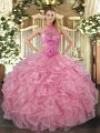 Custom Design Baby Pink Halter Top Lace Up Embroidery and Ruffles Quinceanera Gown Sleeveless