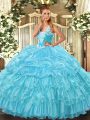 Customized Ball Gowns Ball Gown Prom Dress Aqua Blue Straps Organza Sleeveless Floor Length Lace Up