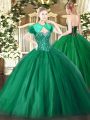 Dark Green Tulle Lace Up Sweetheart Sleeveless Floor Length 15th Birthday Dress Beading