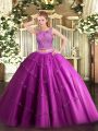 Floor Length Fuchsia Quince Ball Gowns Scoop Sleeveless Lace Up