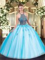 Glorious Aqua Blue Ball Gowns Beading and Appliques Quinceanera Dress Lace Up Tulle Sleeveless Floor Length