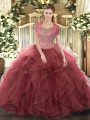 Attractive Sleeveless Tulle Floor Length Clasp Handle Sweet 16 Quinceanera Dress in Burgundy with Beading and Ruffled Layers