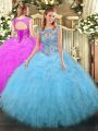 Beading and Ruffles Quince Ball Gowns Aqua Blue Lace Up Sleeveless Floor Length