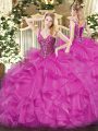 Colorful Floor Length Fuchsia Sweet 16 Quinceanera Dress Organza Long Sleeves Beading and Ruffles