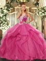 Tulle Straps Sleeveless Lace Up Beading and Ruffles Sweet 16 Dress in Hot Pink