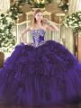 Latest Beading and Ruffles Quinceanera Gowns Purple Lace Up Sleeveless Floor Length