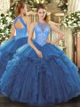 Sleeveless Floor Length Beading and Ruffles Lace Up Quinceanera Dress with Blue