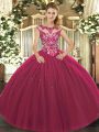 Dramatic Tulle Scoop Cap Sleeves Lace Up Beading and Appliques Quinceanera Gowns in Fuchsia