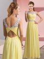 Most Popular Yellow Empire Chiffon Scoop Sleeveless Beading Floor Length Clasp Handle Prom Dress