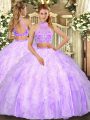 Custom Designed Lilac Tulle Criss Cross Halter Top Sleeveless Floor Length Ball Gown Prom Dress Beading and Ruffles