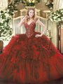 Wine Red Lace Up V-neck Beading and Ruffles 15 Quinceanera Dress Organza Sleeveless