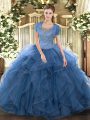 Super Teal Tulle Clasp Handle Quinceanera Dress Sleeveless Floor Length Beading and Ruffled Layers