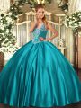 Teal Ball Gowns Beading Quince Ball Gowns Lace Up Satin Sleeveless Floor Length