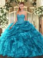 Sweetheart Sleeveless Lace Up Quince Ball Gowns Teal Organza
