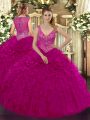 Fine Fuchsia Vestidos de Quinceanera Military Ball and Sweet 16 and Quinceanera with Beading and Ruffles V-neck Sleeveless Zipper
